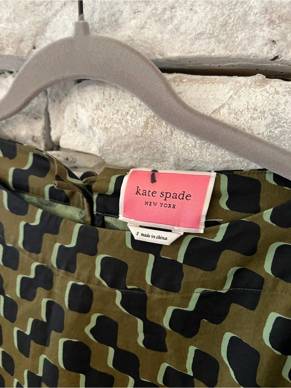 kate spade Olive and Black Geometric Midi Dress with Puff Sleeves